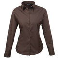 Brown - Front - Premier Womens-Ladies Poplin Long Sleeve Blouse - Plain Work Shirt