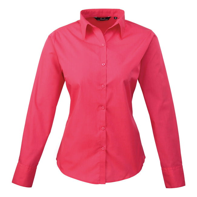 Hot Pink - Front - Premier Womens-Ladies Poplin Long-Sleeved Blouse