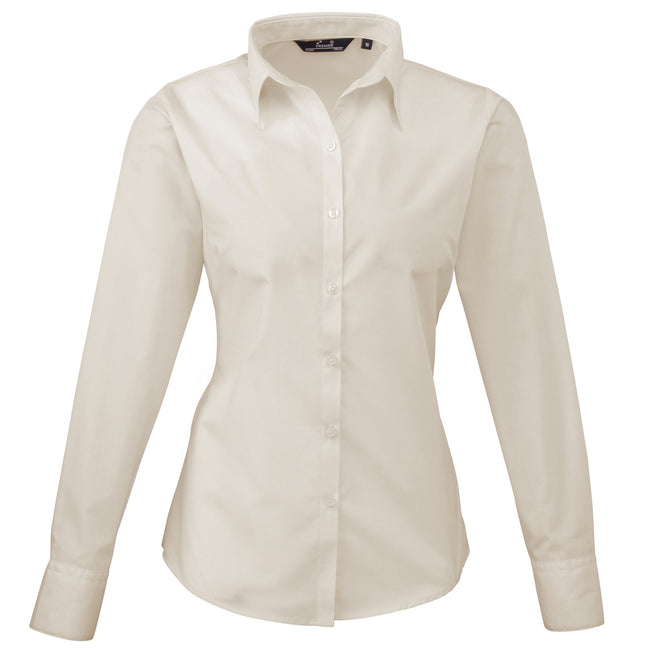 Natural - Front - Premier Womens-Ladies Poplin Long-Sleeved Blouse
