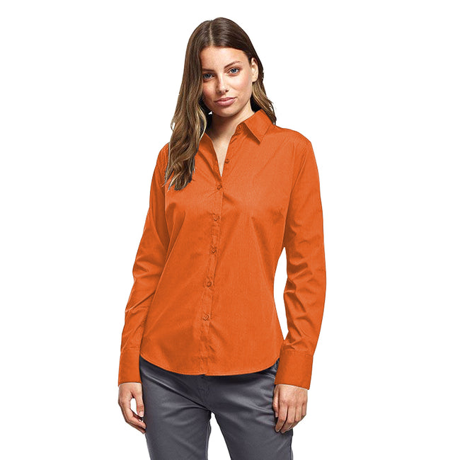 Orange - Side - Premier Womens-Ladies Poplin Long-Sleeved Blouse