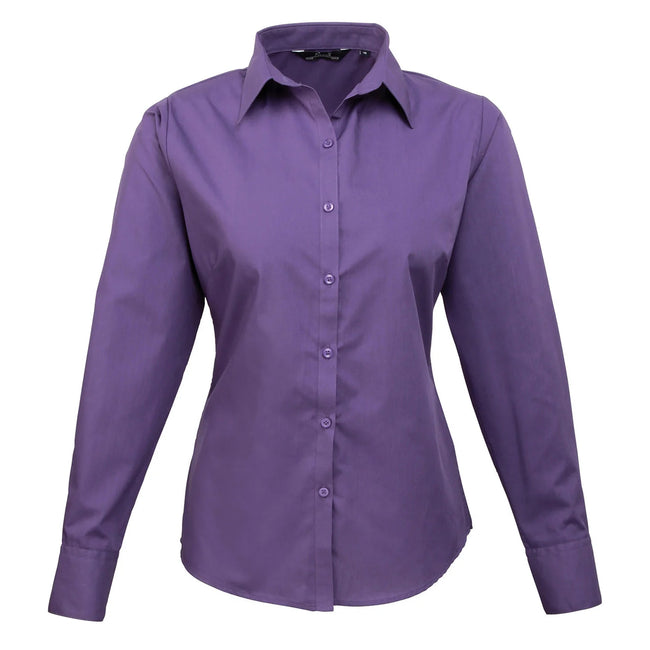 Purple - Front - Premier Womens-Ladies Poplin Long-Sleeved Blouse