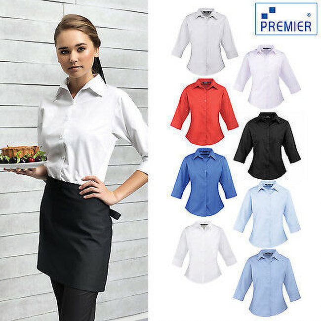 White - Side - Premier Womens-Ladies Poplin 3-4 Sleeve Blouse