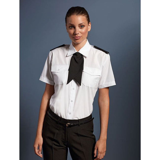 White - Side - Premier Womens-Ladies Short Sleeve Pilot Blouse - Plain Work Shirt