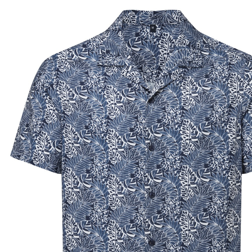 White-Navy - Side - Wombat Mens Leaf Print Relaxed Fit Shirt