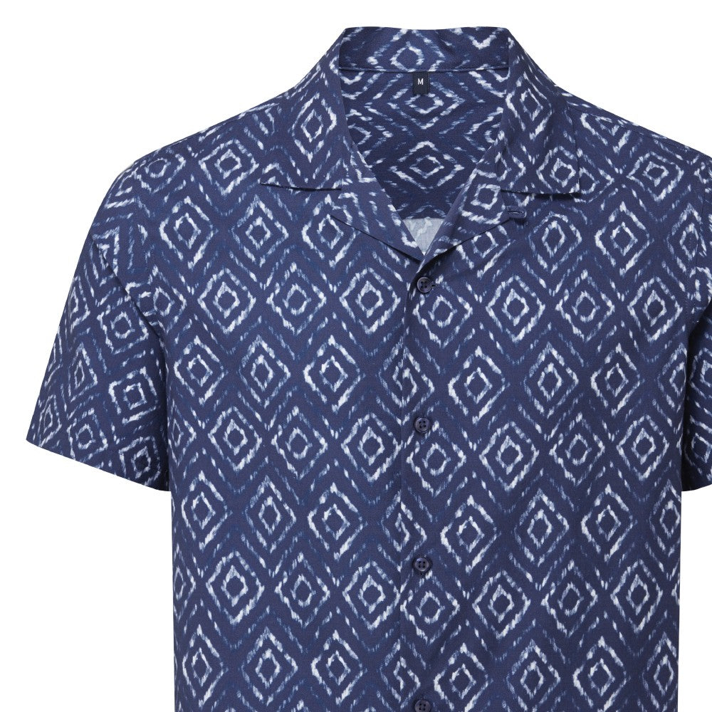 Navy-White - Side - Cuba Mens Aztec Relaxed Fit Shirt