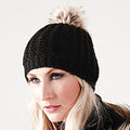 Black - Side - Beechfield Ladies-Womens Faux Fur Pom Pom Winter Beanie