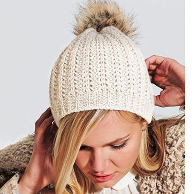 Off White - Back - Beechfield Ladies-Womens Faux Fur Pom Pom Winter Beanie