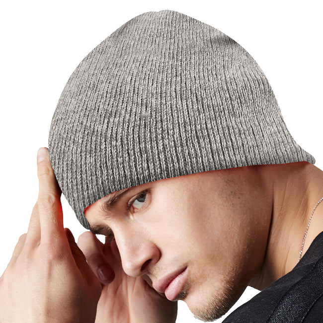 Heather Grey - Side - Beechfield Plain Basic Knitted Winter Beanie Hat