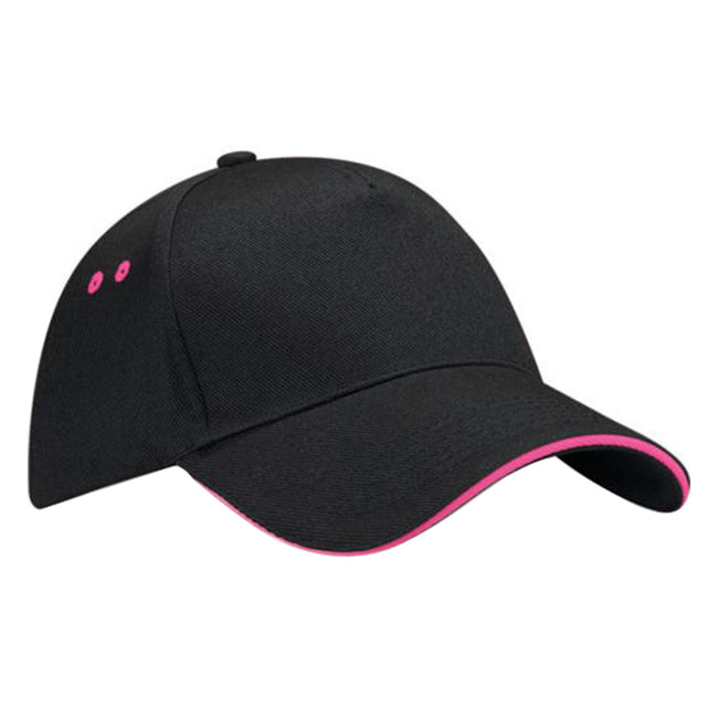 Black-Fuchsia - Front - Beechfield Unisex Ultimate 5 Panel Contrast Baseball Cap With Sandwich Peak - Headwear