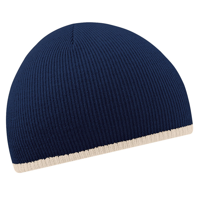 French Navy-Stone - Front - Beechfield Unisex Two-Tone Knitted Winter Beanie Hat