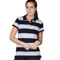 Navy- White - Side - Front Row Womens-Ladies Striped Pique Slim Fit Polo Shirt