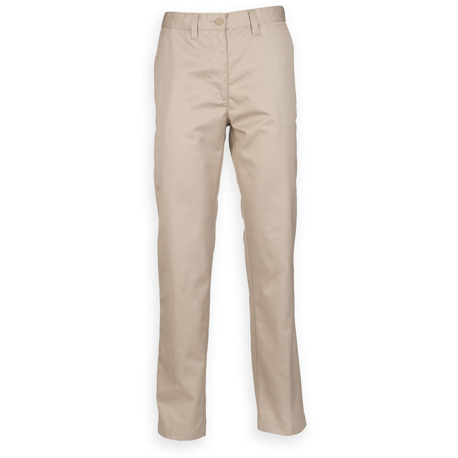 Stone - Front - Henbury Womens-Ladies 65-35 Flat Fronted Slim Fit Chino Work Trousers