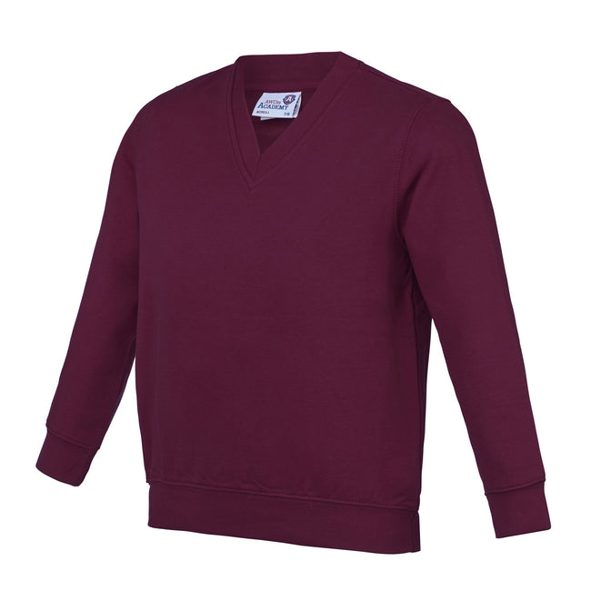 Burgundy - Front - AWDis Academy Childrens-Kids Junior V Neck School Jumper-Sweatshirt