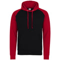 Jet Black-Fire Red - Front - Awdis Just Hoods Adults Unisex Two Tone Hooded Baseball Sweatshirt-Hoodie