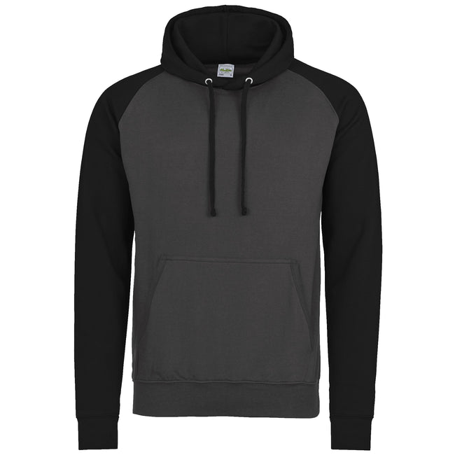 Charcoal-Jet Black - Front - Awdis Just Hoods Adults Unisex Two Tone Hooded Baseball Sweatshirt-Hoodie