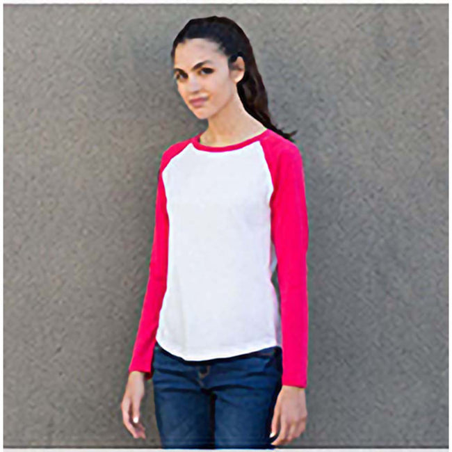 White - Hot Pink - Side - Skinnifit Womens-Ladies Long Sleeve Baseball T-Shirt