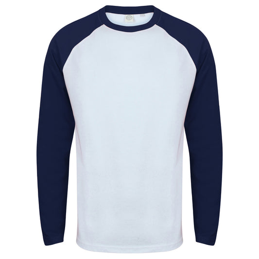 White - Oxford Navy - Front - Skinnifit Mens Raglan Long Sleeve Baseball T-Shirt