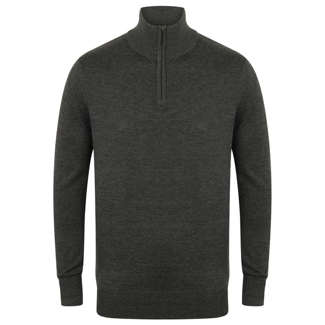 Grey Marl - Front - Henbury Mens 1-4 Zip Long Sleeve Jumper