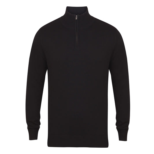 Black - Front - Henbury Mens 1-4 Zip Long Sleeve Jumper