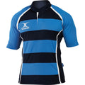Light Sky- Navy Hoops - Front - Gilbert Rugby Mens Xact Game Day Short Sleeved Rugby Shirt