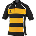 Black- Amber Hoops - Front - Gilbert Rugby Childrens-Kids Xact Match Short Sleeved Rugby Shirt