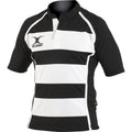 Black- White Hoops - Front - Gilbert Rugby Childrens-Kids Xact Match Short Sleeved Rugby Shirt