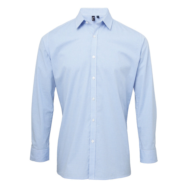 Light Blue-White - Front - Premier Mens Microcheck Long Sleeve Shirt