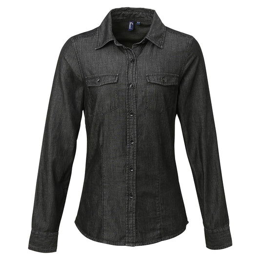 Black Denim - Front - Premier Womens-Ladies Jeans Stitch Long Sleeve Denim Shirt
