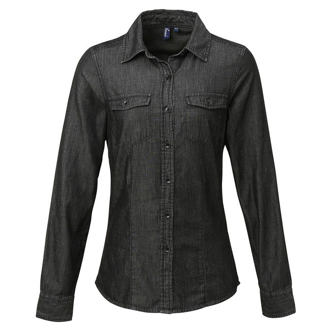 Black Denim - Front - Premier Womens-Ladies Jeans Stitch Long Sleeve Denim Shirt
