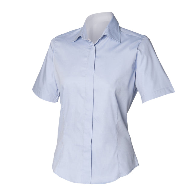Light Blue - Front - Henbury Womens-Ladies Short Sleeve Oxford Fitted Work Shirt