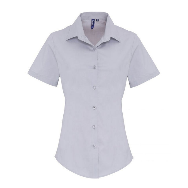Silver - Front - Premier Womens-Ladies Stretch Fit Poplin Short Sleeve Blouse