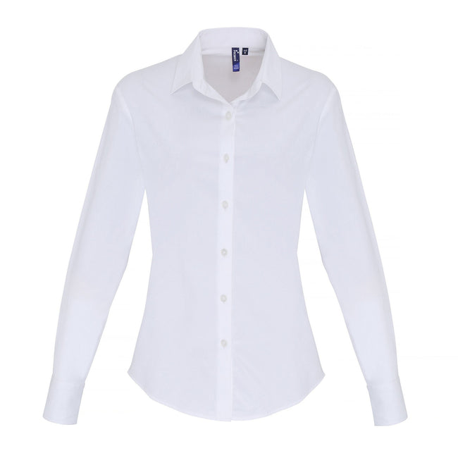 White - Front - Premier Womens-Ladies Stretch Fit Poplin Long Sleeve Blouse