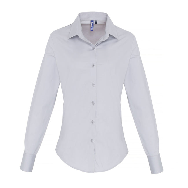 Silver - Front - Premier Womens-Ladies Stretch Fit Poplin Long Sleeve Blouse