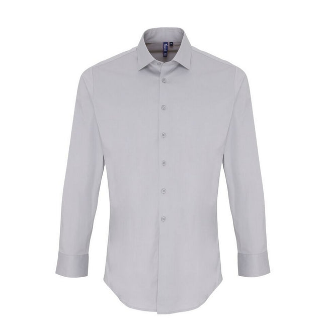 Silver - Front - Premier Mens Stretch Fit Poplin Long Sleeve Shirt