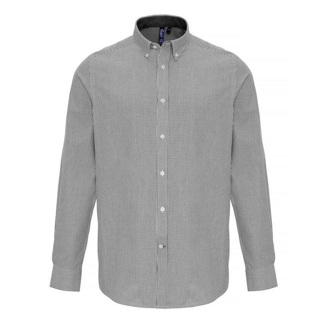 White-Grey - Front - Premier Mens Cotton Rich Oxford Stripe Shirt