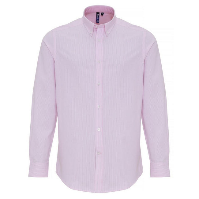 White-Pink - Front - Premier Mens Cotton Rich Oxford Stripe Shirt
