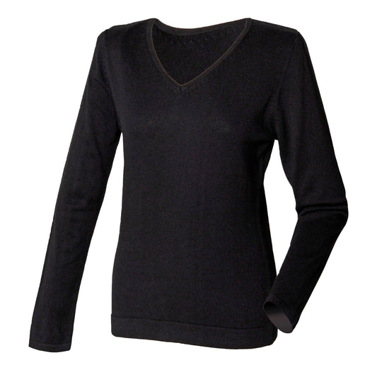 Black - Front - Henbury Womens-Ladies 12 Gauge Fine Knit V-Neck Jumper - Sweatshirt
