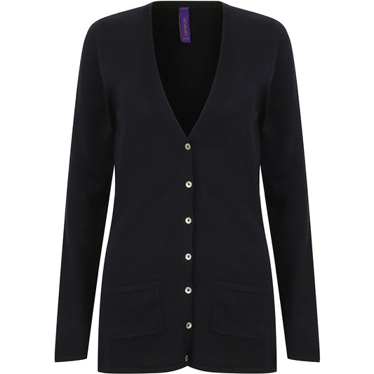 Navy - Front - Henbury Ladies-Womens V-Neck Button Fine Knit Cardigan