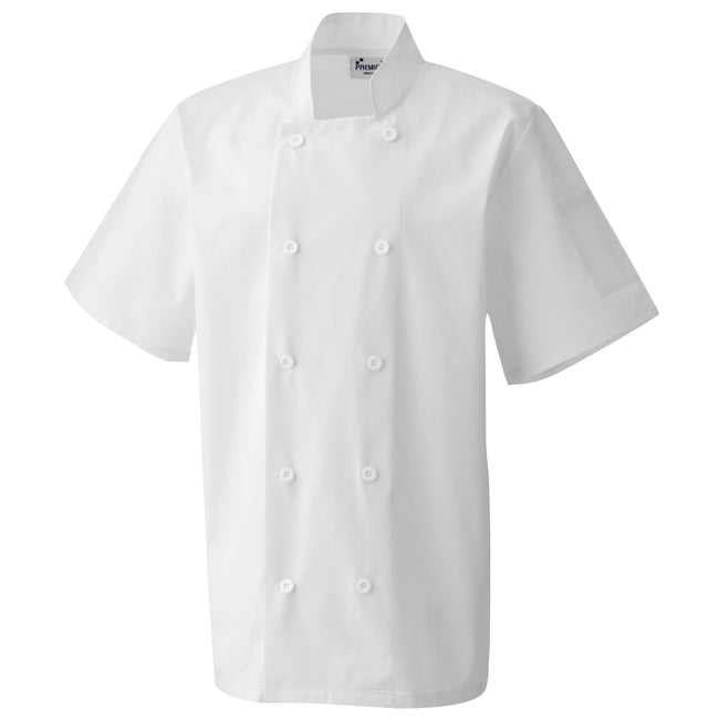 White - Front - Premier Unisex Short Sleeved Chefs Jacket - Workwear (Pack of 2)