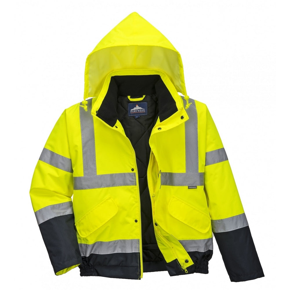 Hi-Vis Yellow- Navy - Front - Portwest Unisex Hi-Vis Bomber Jacket (S463) - Workwear - Safetywear (Pack of 2)