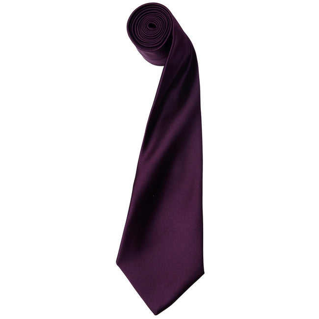 Aubergine - Front - Premier Mens Plain Satin Tie (Narrow Blade) (Pack of 2)