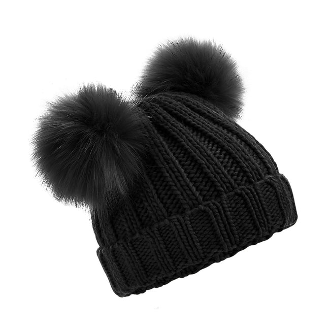 Black - Front - Beechfield Childrens-Kids Faux Fur Double Pom Pom Beanie