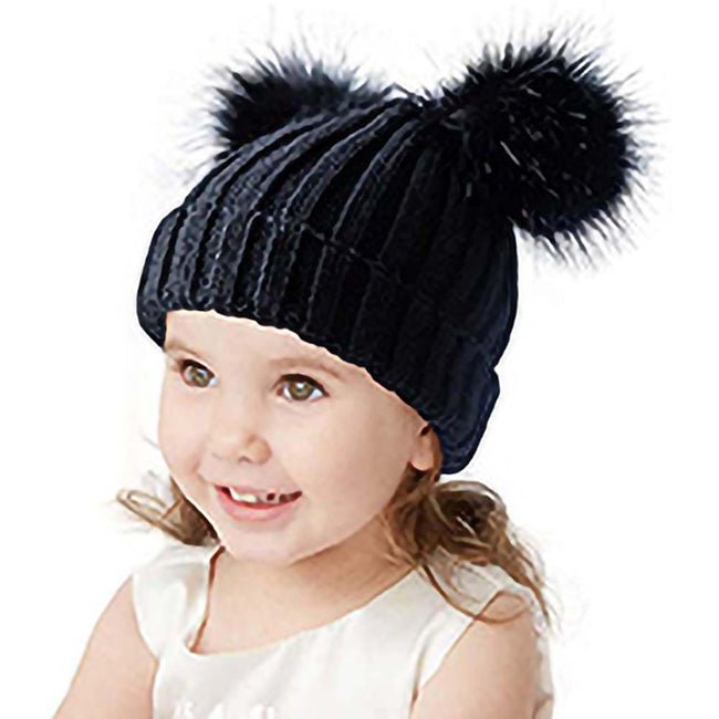 Black - Back - Beechfield Childrens-Kids Faux Fur Double Pom Pom Beanie