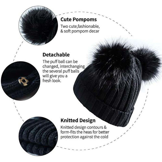 Black - Side - Beechfield Childrens-Kids Faux Fur Double Pom Pom Beanie