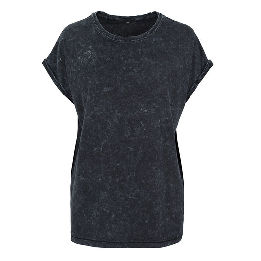Black - Front - Build Your Brand Womens-Ladies Acid Wash Extended Shoulder T-Shirt