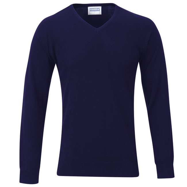 Navy - Front - Maddins Mens 14 Gauge V Neck Fully Fashioned Jumper - Sweatshirt