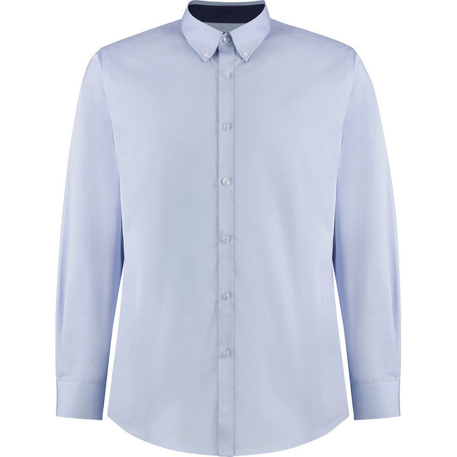Light Blue-Navy - Front - Kustom Kit Mens Premium Contrast Oxford Tailored Long-Sleeved Shirt