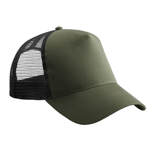 Olive Green-Black - Front - Beechfield Childrens-Kids Contrast Panel Trucker Cap