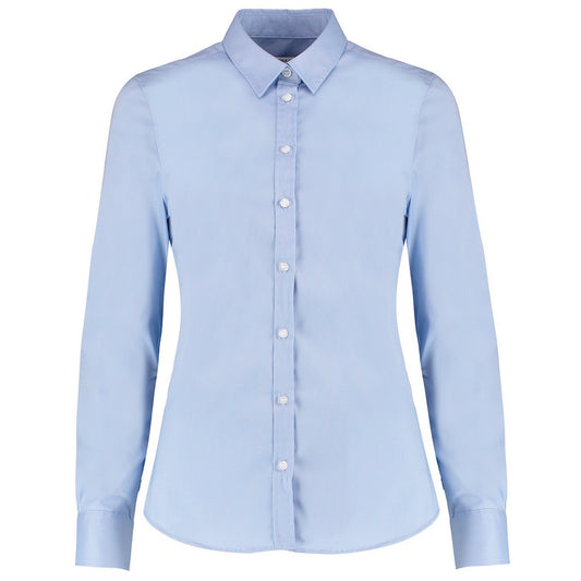 Light Blue - Front - Kustom Kit Womens-Ladies Oxford Stretch Tailored Long-Sleeved Shirt