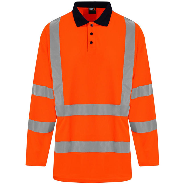 Hi Vis Orange-Navy - Front - PRORTX Mens Long-Sleeved Polo Shirt
